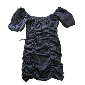 Mable Black Ruched Mini Dress Off Shoulder Puff Short Sleeves Size Small.